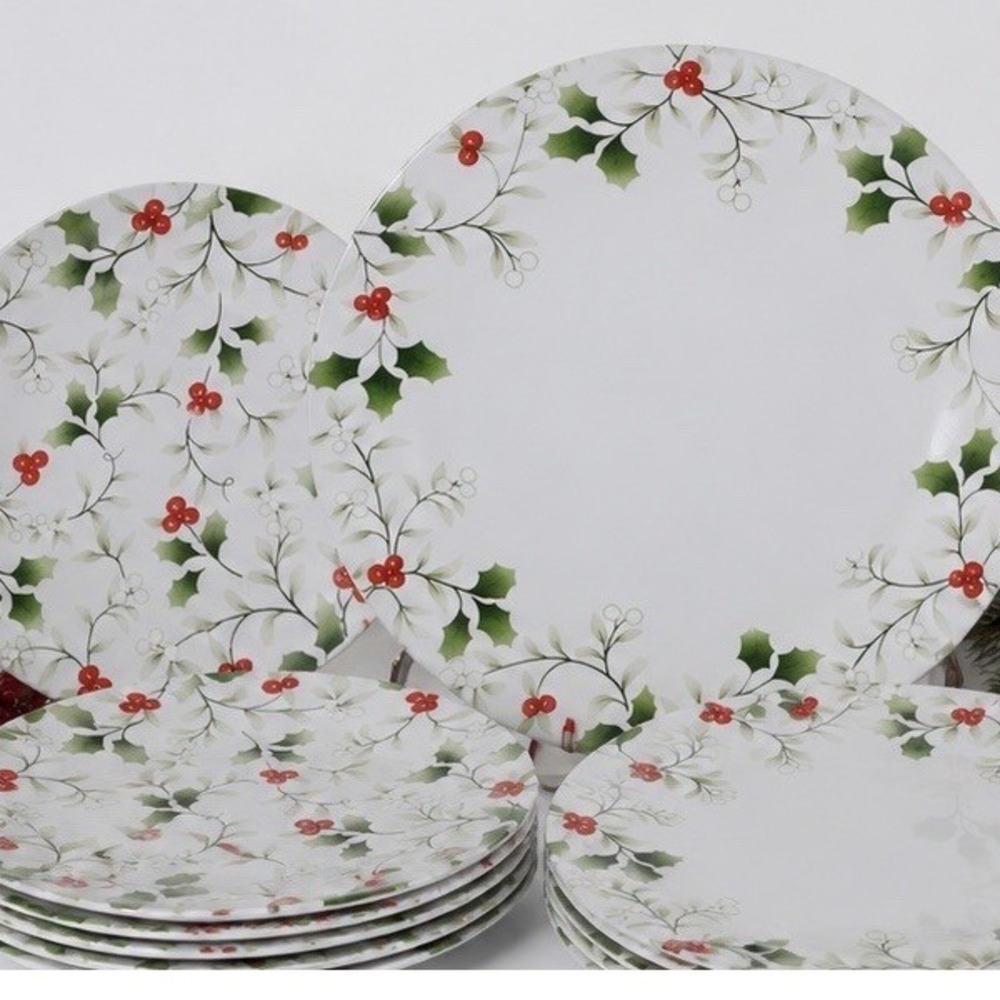 Pfaltzgraff Melamine Holiday Holly Berry Plate Set 6 Dinner, 5 Salad Christmas